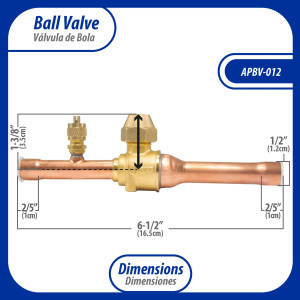 Appli Parts APBV-012 Valvula de Cierre 1/2 pulg tipo Bola de conexion soldable con puerto de servicio SAE de 1/4 de pulg presion maxima de trabajo 610 psi temperaturas de -30 C a 120 C longitud total 165 mm Appli Parts APBV-012 Valvula de Cierre 1/2 pulg tipo Bola de conexion soldable con puerto de servicio SAE de 1/4 de pulg presion maxima de trabajo 610 psi temperaturas de -30 C a 120 C longitud total 165 mm