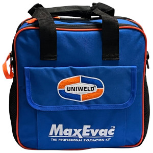 Uniweld MaxEvac Pro Kit MEPK14 incluye manguera MaxEvac 72 in 1/2 con conexiones 3/8 x 1/4 recto, herramienta Valve Core Tool con puerto lateral, adaptador Y 3/8FF x 3/8MF, soporte de manguera, bolso