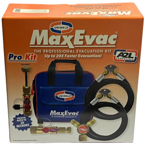 Uniweld MaxEvac Pro Kit MEPK14 incluye manguera MaxEvac 72 in 1/2 con conexiones 3/8 x 1/4 recto, herramienta Valve Core Tool con puerto lateral, adaptador Y 3/8FF x 3/8MF, soporte de manguera, bolso