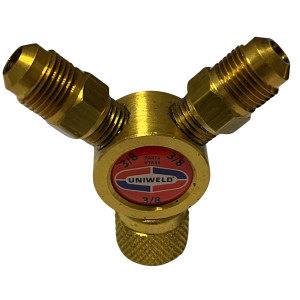 Uniweld MaxEvac Pro Kit MEPK14 incluye manguera MaxEvac 72 in 1/2 con conexiones 3/8 x 1/4 recto, herramienta Valve Core Tool con puerto lateral, adaptador Y 3/8FF x 3/8MF, soporte de manguera, bolso