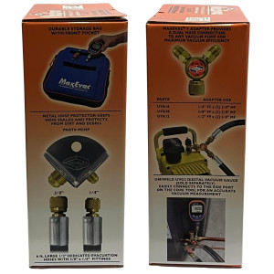 Uniweld MaxEvac Pro Kit MEPK14 incluye manguera MaxEvac 72 in 1/2 con conexiones 3/8 x 1/4 recto, herramienta Valve Core Tool con puerto lateral, adaptador Y 3/8FF x 3/8MF, soporte de manguera, bolso