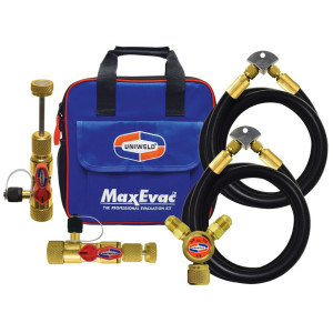 Uniweld MaxEvac Pro Kit MEPK14 incluye manguera MaxEvac 72 in 1/2 con conexiones 3/8 x 1/4 recto, herramienta Valve Core Tool con puerto lateral, adaptador Y 3/8FF x 3/8MF, soporte de manguera, bolso