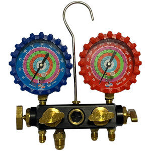 Uniweld Q4N85SMEZ Manometro Alumino 4 Valvulas R410a,R134a,R22, Mangueras 5 ft Soft Magic, EZ-Turn Anti-BlowBack
 Uniweld Q4N85SMEZ Manometro Alumino 4 Valvulas R410a,R134a,R22, Mangueras 5 ft Soft Magic, EZ-Turn Anti-BlowBack