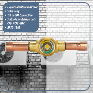 Appli Parts APSG-12AS Visor de Liquido 1/2 pulg Indicador de Humedad con conexiones Soldable con cuerpo solido para Sistemas de Refrigeracion y Aire Acondicionado compatible con refrigerantes CFC, HCFC, HFC