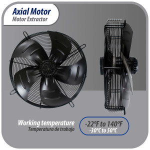 Appli Parts AXF-450-3 Extractor Axial 450 mm (17-3/4 pulg) 220 V, 3 ph, 60 Hz, 300 W, 1600 rpm, Rango Temperatura -30 C a 60 C, incluye aspa y base tipo jaula