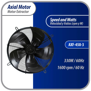 Appli Parts AXF-450-3 Extractor Axial 450 mm (17-3/4 pulg) 220 V, 3 ph, 60 Hz, 300 W, 1600 rpm, Rango Temperatura -30 C a 60 C, incluye aspa y base tipo jaula