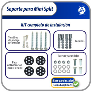 Appli Parts APAB-2160 Soporte de Montaje en Pared para Mini Split - Soporte Universal hasta 150 kg, Compatible con 5000 a 36000 BTU, Incluye Gomas Antivibracion y Kit Completo de Instalacion