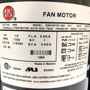 US Motor 1/2Hp 1075 rpm, 4 polos, 1 eje, Cerramiento, TEAO, 1 velocidad, 5.6 diametro, 48 Frame CCW Lead End Reversible 115-230V/60Hz/1Ph 20mfd/370Vac Run Capacitor 1899 K055DTS1234012B