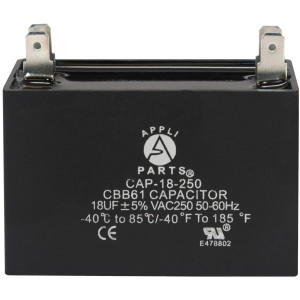 Appli Parts Condensador Capacitor de ventilador 18 mfd (microfaradios) uf 250VAC con conectores compatible con cualquier marca de igual capacitancia 5.8cm Ancho 2.2cm Profundidad 4.6cm Alto CAP-18-250