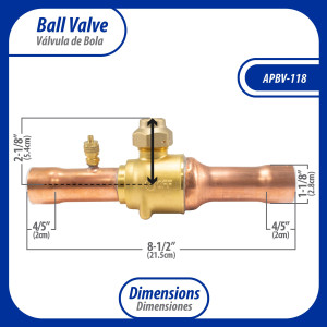 Appli Parts APBV-138 Valvula de Cierre 1-3/8 pulg tipo Bola de conexion soldable con puerto de servicio SAE de 1/4 de pulg presion maxima de trabajo 610 psi temperaturas de -30 C a 120 C longitud total 256 mm Appli Parts APBV-138 Valvula de Cierre 1-3/8 pulg tipo Bola de conexion soldable con puerto de servicio SAE de 1/4 de pulg presion maxima de trabajo 610 psi temperaturas de -30 C a 120 C longitud total 256 mm