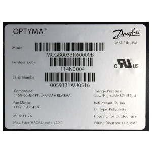 Danfoss MCGB0033R60000B 1/3HP+, R134a Unidad Condensadora para Refrigeracion, Cobre y Aluminio MBP 115/1/60 (V/Ph/Hz) 1 Ventilador, Compresor Fraccionario NF11FX, 114N0004