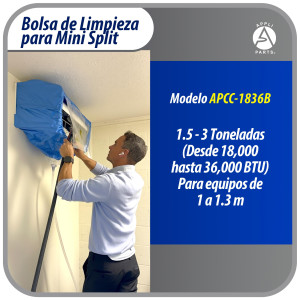 Appli Parts APCC-1836B Bolsa de Mantenimiento o Limpieza Mini Split de 1.5 - 3 Toneladas (18,000 a 36,000 Btu) equipos de 1 a 1.3 m, Impermeable, Manguera de 2.8 m para Drenaje, con Placa de Soporte.