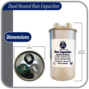 Appli Parts Condensador Capacitor de Marcha 25+5 Mfd uF (microfaradios) 370VAC CBB65 Universal Aire acondicionado y otras aplicaciones Redondo UL E476928 5cm Ancho 9cm Alto CON-25/5-370 Appli Parts Condensador Capacitor de Marcha 25+5 Mfd uF (microfaradios) 370VAC CBB65 Universal Aire acondicionado y otras aplicaciones Redondo UL E476928 5cm Ancho 9cm Alto CON-25/5-370