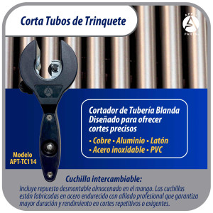 Appli Parts APT-TC114 Cortador de tubos con trinquete 1/4 a 7/8 in (6 a 23 mm) para cobre, aluminio, laton, acero inoxidable y PVC con cuchilla de repuesto diseno ergonomico y duradero