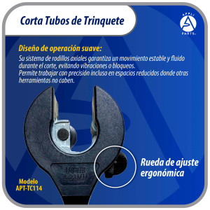 Appli Parts APT-TC114 Cortador de tubos con trinquete 1/4 a 7/8 in (6 a 23 mm) para cobre, aluminio, laton, acero inoxidable y PVC con cuchilla de repuesto diseno ergonomico y duradero