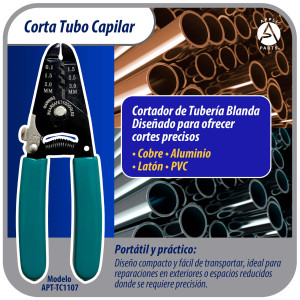 Appli Parts APT-TC1107 Corta Tubo Capilar para Cobre hasta 1/8 in o 3 mm, Herramienta Profesional para HVAC y Bricolaje, compatible con metales blandos