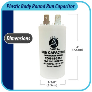 Appli Parts Condensador Capacitor de Marcha 15 Mfd uF (microfaradios) 250VAC CBB60 Cuerpo plastico para bombas de agua y otras aplicaciones Redondo UL E476928 7.5cm Alto 3.5cm Ancho CON-15-250-P