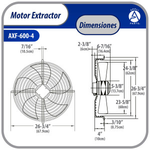 Appli Parts AXF-600-4 Extractor Axial 600 mm (23-5/8 pulg) 220-440 V, 3 ph, 60 Hz, AXF-600-4 830 W, 1550 rpm, Rango Temperatura -30 C a 60 C, incluye aspa y base tipo jaula