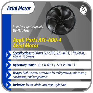 Appli Parts AXF-600-4 Extractor Axial 600 mm (23-5/8 pulg) 220-440 V, 3 ph, 60 Hz, AXF-600-4 830 W, 1550 rpm, Rango Temperatura -30 C a 60 C, incluye aspa y base tipo jaula