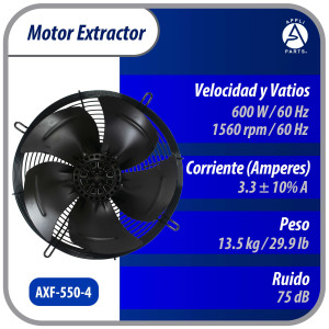 Appli Parts AXF-550-4 Extractor Axial 550 mm (21-5/8 pulg) 220-440 V, 3 ph, 60 Hz, 600 W, 1560 rpm, Rango Temperatura -30 C a 60 C, incluye aspa y base tipo jaula