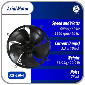 Appli Parts AXF-550-4 Extractor Axial 550 mm (21-5/8 pulg) 220-440 V, 3 ph, 60 Hz, 600 W, 1560 rpm, Rango Temperatura -30 C a 60 C, incluye aspa y base tipo jaula