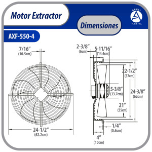 Appli Parts AXF-550-4 Extractor Axial 550 mm (21-5/8 pulg) 220-440 V, 3 ph, 60 Hz, 600 W, 1560 rpm, Rango Temperatura -30 C a 60 C, incluye aspa y base tipo jaula