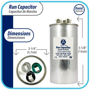 Appli Parts Condensador Capacitor de Marcha 65+5 Mfd uF (microfaradios) 370VAC o 450VAC CBB65 Universal Aire acondicionado y aplicaciones Redondo UL E476928 13cm Alto 5.7cm Ancho CON-65/5-450