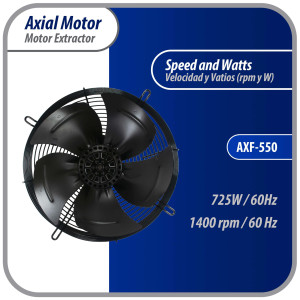 Appli Parts AXF-550 Extractor Axial 550 mm (21-5/8 pulg) 220 V, 1 ph, 60 Hz, 725W 1400 rpm, Rango Temperatura -30 C a 60 C, incluye aspa y base tipo jaula