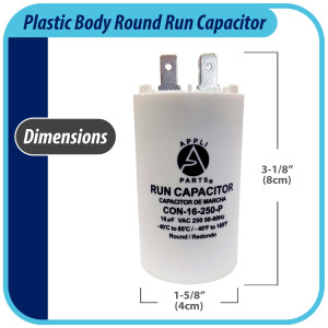 Appli Parts Condensador Capacitor de Marcha 16 Mfd uF (microfaradios) 250VAC CBB60 Cuerpo plastico para bombas de agua y otras aplicaciones Redondo UL E476928 8 cm Alto 4 cm Ancho CON-15-250-P