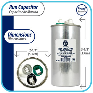 Appli Parts Condensador Capacitor de Marcha 70+5 Mfd uF (microfaradios) 370VAC o 450VAC CBB65 Universal Aire acondicionado y aplicaciones Redondo UL E476928 13cm Alto 5.7cm Ancho CON-70/5-450