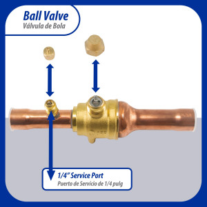 Appli Parts APBV-034 Valvula de Cierre 3/4 pulg tipo Bola de conexion soldable con puerto de servicio SAE de 1/4 de pulg presion maxima de trabajo 610 psi temperaturas de -30 C a 120 C longitud total 180 mm