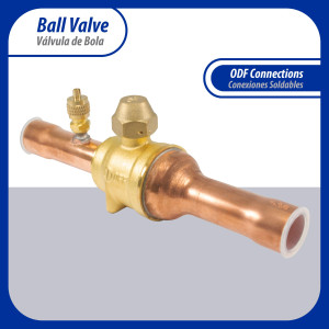 Appli Parts APBV-034 Valvula de Cierre 3/4 pulg tipo Bola de conexion soldable con puerto de servicio SAE de 1/4 de pulg presion maxima de trabajo 610 psi temperaturas de -30 C a 120 C longitud total 180 mm