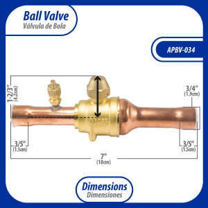 Appli Parts APBV-034 Valvula de Cierre 3/4 pulg tipo Bola de conexion soldable con puerto de servicio SAE de 1/4 de pulg presion maxima de trabajo 610 psi temperaturas de -30 C a 120 C longitud total 180 mm Appli Parts APBV-034 Valvula de Cierre 3/4 pulg tipo Bola de conexion soldable con puerto de servicio SAE de 1/4 de pulg presion maxima de trabajo 610 psi temperaturas de -30 C a 120 C longitud total 180 mm