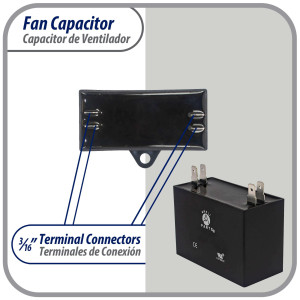 Appli Parts Condensador Capacitor de ventilador 2.5 mfd (microfaradios) uf 250VAC con 2 conectores compatible con cualquier marca de igual capacitancia 3.7cm Ancho 1.5cm Profundidad 3.4cm Alto CAP-2.5-250