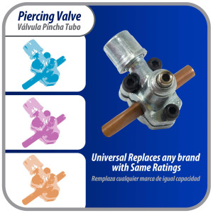 Appli Parts APT-PV110 Valvula perforadora 1/4, 5/16 o 3/8 pulg, tipo bala con adaptadores y sello para sistemas de refrigeracion con puerto de servicio SAE de 1/4 pulg