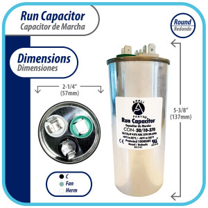 Appli Parts Condensador Capacitor de Marcha 50+10 Mfd uF (microfaradios) 370VAC CBB65 Universal Aire acondicionado y otras aplicaciones Redondo UL E476928 CON-50/10-370-R