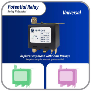 Appli Parts APPR-063 Relay Potencial 063, Voltaje de Bobina 170 V, Recogida Minima 139 V, Recogida Maxima 153 V, Caida Maxima 55 V, 50/60Hz Remplazo universal para unidades de refrigeracion y aire acondicionado