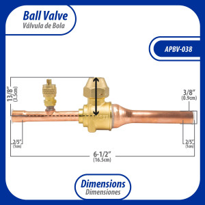 Appli Parts APBV-038 Valvula de Cierre 3/8 pulg tipo Bola de conexion soldable con puerto de servicio SAE de 1/4 de pulg presion maxima de trabajo 610 psi temperaturas de -30 C a 120 C longitud total 165 mm Appli Parts APBV-038 Valvula de Cierre 3/8 pulg tipo Bola de conexion soldable con puerto de servicio SAE de 1/4 de pulg presion maxima de trabajo 610 psi temperaturas de -30 C a 120 C longitud total 165 mm