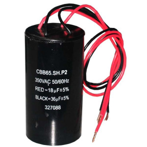 Appli Parts CAP-1836 Capacitor Dual para Lavadora 18/36 MFD 350 VAC 50/60 Hz CBB65 SH.P2 con cables rojo 18 MFD y negro 36 MFD, reemplazo para lavadoras LG Samsung Daewoo Nisato 327088