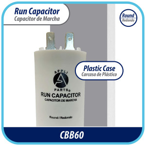 Appli Parts Condensador Capacitor de Marcha 20 Mfd uF (microfaradios) 250VAC CBB60 Cuerpo plastico para bombas de agua y otras aplicaciones Redondo UL E476928 8 cm Alto 4 cm Ancho CON-20-250-P