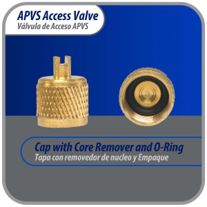 Appli Parts Valvula de acceso de 1/4 SAE x 1/4 pulg OD x con vastago de cobre de 10cm de largo con nucleo y tapa de laton con removedor de nucleo y empacadura APVS-14144