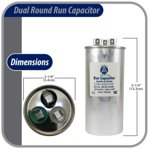 Appli Parts Condensador Capacitor de Marcha 55+5 Mfd uF (microfaradios) 370VAC CBB65 Universal Aire acondicionado y otras aplicaciones Redondo UL E476928 5.4cm Ancho 13cm Alto CON-55/5-370-R
