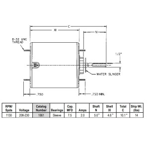 US Motors 1/3 hp 1075 rpm, 6 polos, 1 eje, TEAO Cerramiento, 1 velocidad 5.6 diametro, CCW, Lead End, Reversible, 208-230 V, 60 hz, 1 ph, No incluye 7.5 mfd/370 VAC Capacitor 1861 K055WMT1281012B