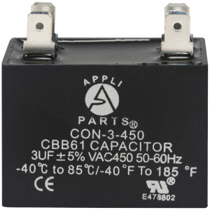 Appli Parts Condensador Capacitor de ventilador 3 mfd (microfaradios) uf 450VAC con conectores compatible con cualquier marca de igual capacitancia 3.7cm Ancho 1.8cm Profundidad 3.7cm Alto CAP-3-450