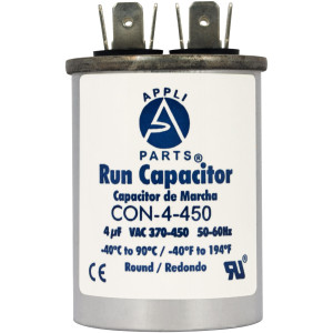 Appli Parts Condensador Capacitor de Marcha 4 Mfd uF (microfaradios) 370VAC o 450VAC CBB65 Universal Aire acondicionado y otras aplicaciones Redondo UL E476928 6.4cm Alto 3.7cm Ancho CON-4-450