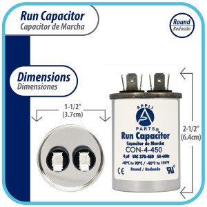 Appli Parts Condensador Capacitor de Marcha 4 Mfd uF (microfaradios) 370VAC o 450VAC CBB65 Universal Aire acondicionado y otras aplicaciones Redondo UL E476928 6.4cm Alto 3.7cm Ancho CON-4-450