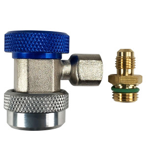Appli Parts APQC-134L Acople Rapido Refrigeracion y Aire Acondicionado Automotriz para carga y servicio Compatible con R134a, Baja azul, adaptador de bronce, conexion de 1/4 de pulg