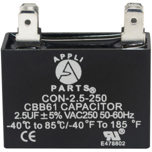 Appli Parts Condensador Capacitor de ventilador 2.5 mfd (microfaradios) uf 250VAC con 2 conectores compatible con cualquier marca de igual capacitancia 3.7cm Ancho 1.5cm Profundidad 3.4cm Alto CAP-2.5-250