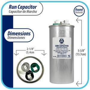 Appli Parts Condensador Capacitor de Marcha 45+10 Mfd uF (microfaradios) 370VAC o 450VAC Universal para Aire acondicionado y otras aplicaciones Redondo UL E476928 13.7cm Alto 5.4cm Ancho CON-45/10-450
