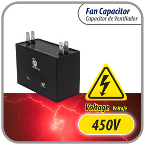 Appli Parts Condensador Capacitor de ventilador 12 mfd (microfaradios) uf 450VAC con conectores compatible con cualquier marca de igual capacitancia 5.8cm Ancho 2.8cm Profundidad 5cm Alto CAP-12-450